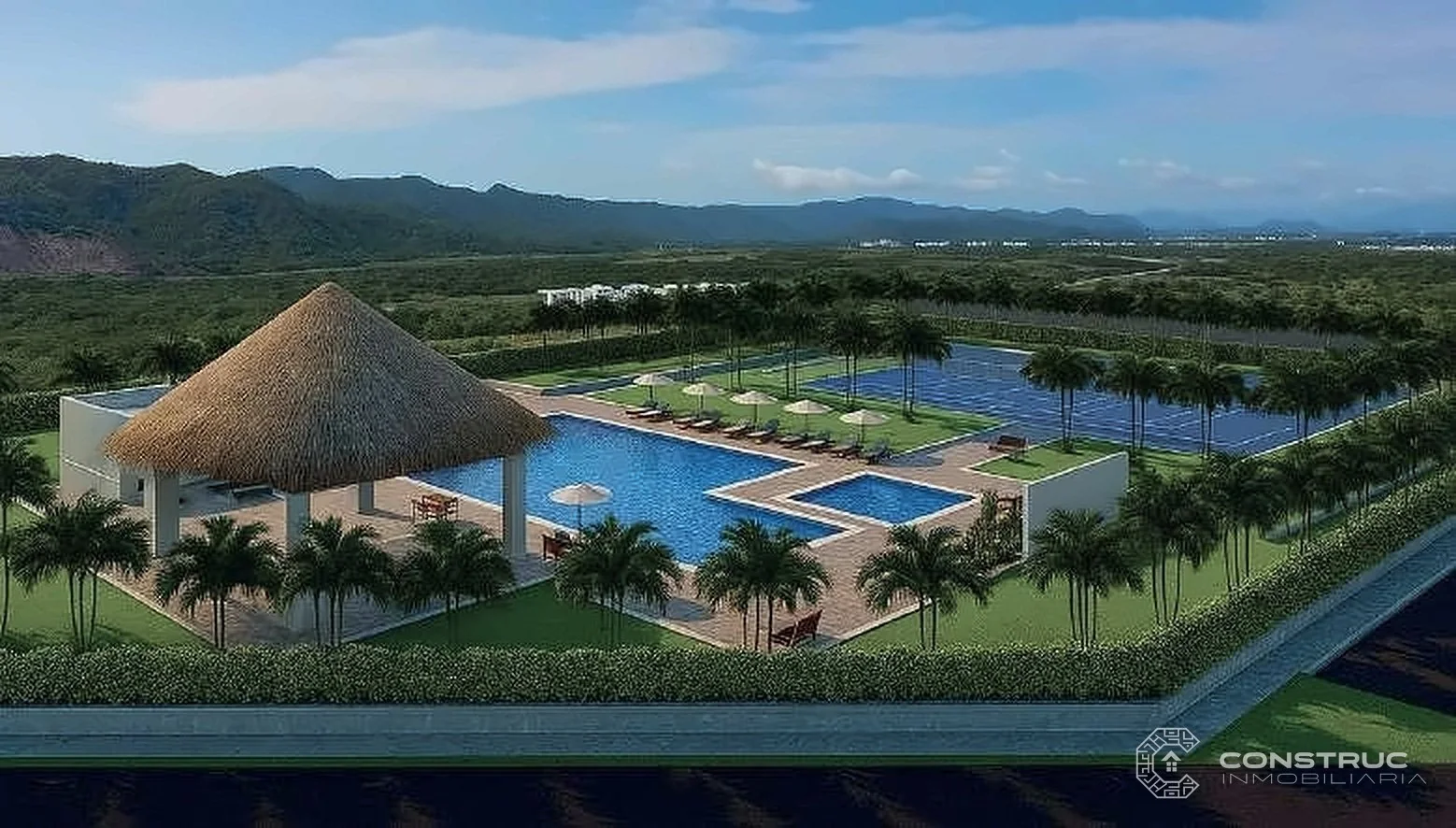 Proyección del kiosco y las piscinas de Las Palmas Campestre, con vista a la cordillera
